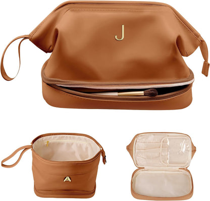 Cute Female Gift, Personalized Makeup Bag, Monogrammed Gifts, Initial Double Layer Cosmetic Bag with Makeup Brush Organizer, Travel Toiletry Bag, Gifts for Friends Female Mom, Teen Girl Gifts