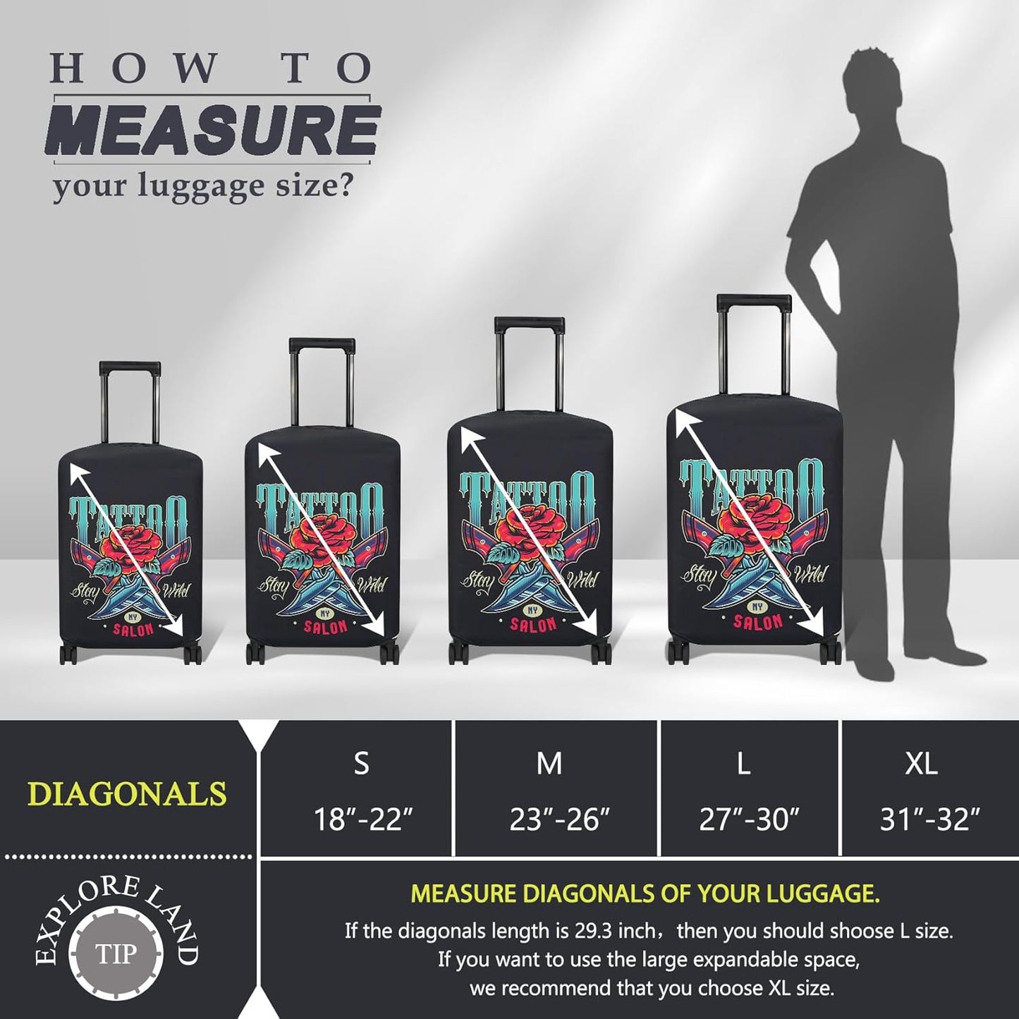 Explore Land Travel Luggage Cover Suitcase Protector Fits 18-22 Inch Case (Blade Rose, S)