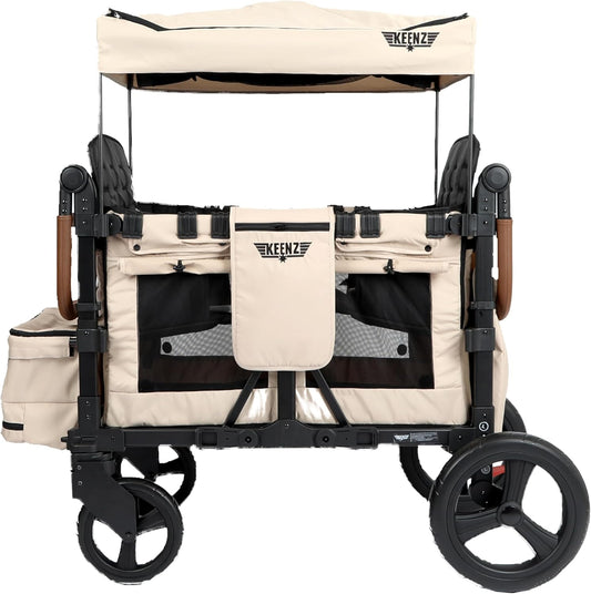 Keenz VYOO Stroller Wagon with Canopy - Foldable Design for Easy Storage, 5 Seating Positions for Kids, Enhanced Child Safety, All-Terrain Mobility, 4-Passangers, Mocha