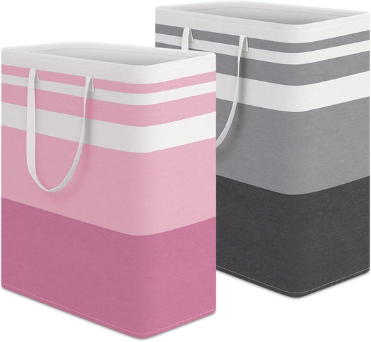 HomeHacks 2 Pack Large Laundry Baskets, Waterproof, Freestanding Laundry Hampers, Collapsible Clothes Hamper with Reinforced Handles in Laundry, College Dorm, Bathroom, Bedroom (Grey+Pink, 125Lx2)