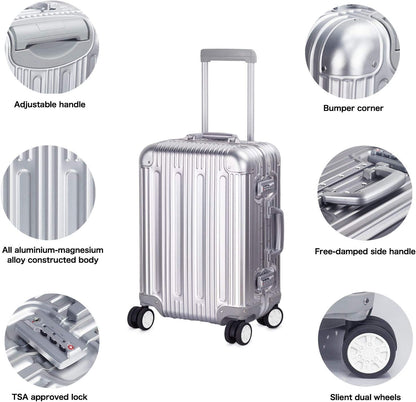 TRAVELKING All Aluminum Carry On Luggage with TSA Locks Fashion Cool Metal Hard Shell Spinner Suitcase (Silver, 20 Inch)…