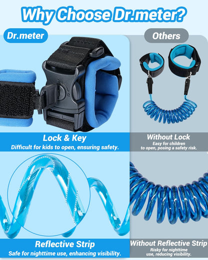 Dr.meter Toddler Leash, 2 Pack Safety Anti Lost Wrist Link with Key Lock, Reflective Child Walking Harness, 8.2ft Blue + 4.92ft Orange Kids Leash for Supermarket Mall Airport Amusement Park Zoo Travel
