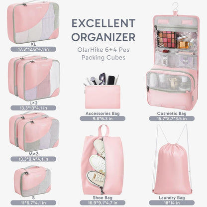 ALL INCLUDED 10 Set Durable Packing Cubes for Suitcases,OlarHike Essentials for Travel, UPGRADED Anti-Tear Stitching, NEW Improved Luggage Packing Organizers for Travel Accessories (Pink)