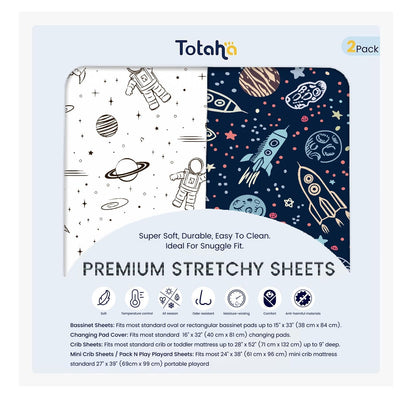 TotAha Premium Stretchy Space Crib Sheets (2-Pack)-Hypoallergenic, Silky Comfort, Buttery Soft, Calming Effect, All-Season Jersey-Knit Sheets, 9'' Extra Deep Pocket