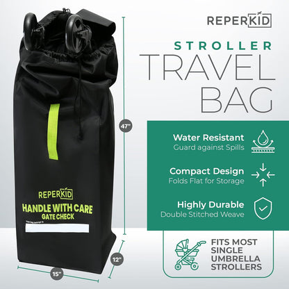 reperkid Umbrella Stroller Bag for Airplane Travel, Black and Green, 47" H x 15" W x 12" D, Fits Most Single and Double Umbrella Strollers – Premium Waterproof Cover, Adjustable Shoulder Strap