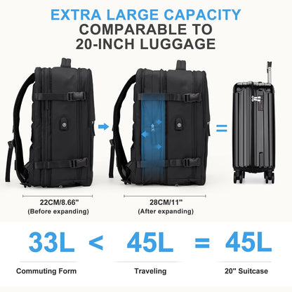 coowoz Large Travel Backpack For Women Men, Carry On Backpack,Hiking Backpack Waterproof Outdoor Sports Rucksack Casual Daypack Expandable Heavy Duty Extra large Backpack Black Expansion