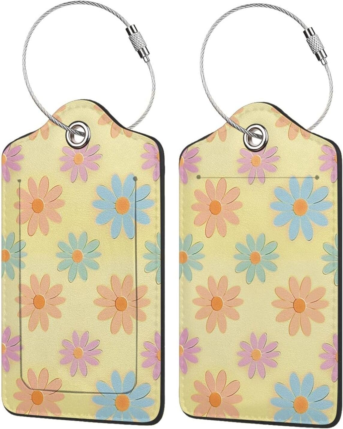 Flowers Leather Luggage Tag with Stainless Steel Ring, Fun Name Id Card Cover Travel Bag Tag Set, Suitable for Travel Bag Luggage Women Men 4 PCS