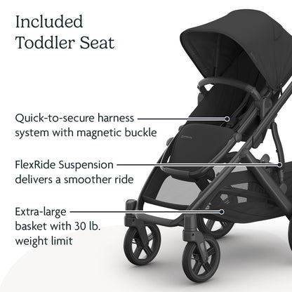 UPPAbaby Vista V3 Stroller - Full-Size Single-to-Double Stroller System - Toddler Seat, Bug Shield, Rain Shield, and Storage Bag Included - Jake (Charcoal/Carbon Frame/Black Leather)
