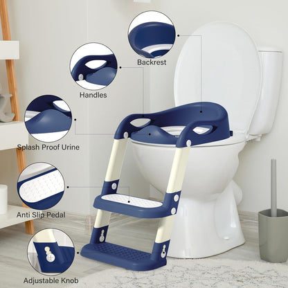 Potty Training Seat with Step Stool Ladder, Adjustable Foldable Potty Seat for Toilet with Anti-Slip Pads Ladder for Kids Boys Girls Toddlers - Navy Blue