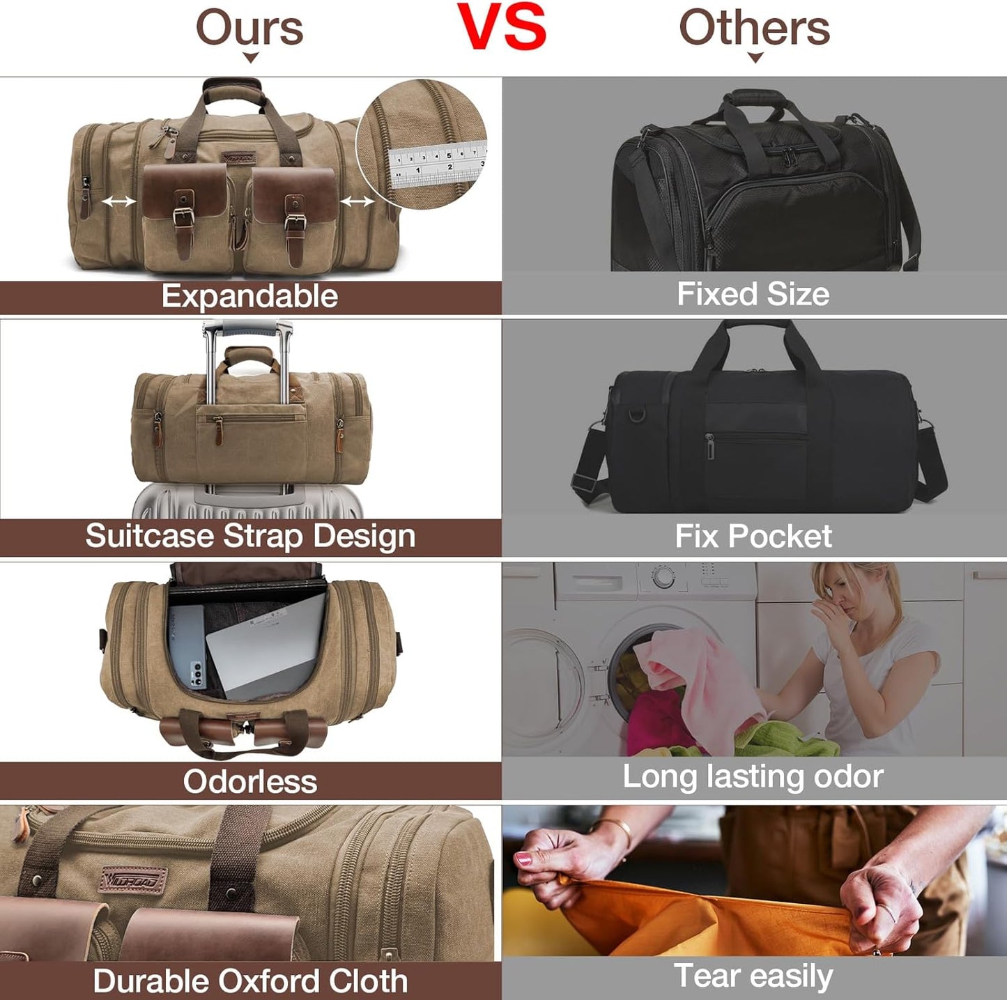 Wildroad 60L Travel Duffel Bag, Expandable Canvas Genuine Leather Duffle Bag Upgraded Overnight Weekender Bag Carry on Bag (Coffee, X Large-60L)