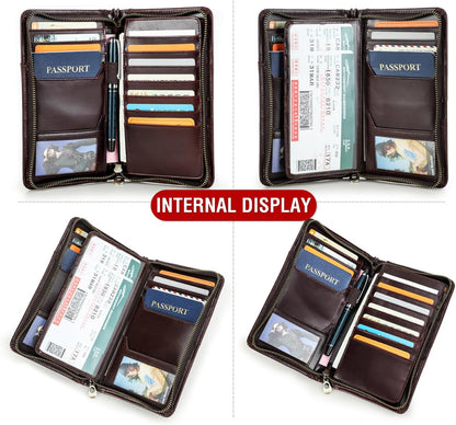 Top Grain Leather Travel Passport Wallet Holder for Man & Woman, Handmade with Three-Layer for 4 Passports & Multi Cards, RFID Blocking Large Capacity for Cards/Passports/Tickets, Coffee