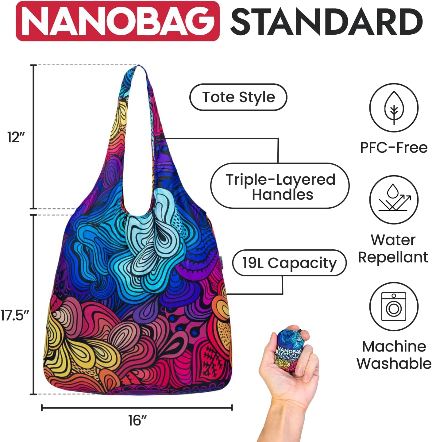 Nanobag Ultra-Lightweight Foldable Tote for Women & Men, Reusable Grocery & Travel Bag, Packable Collapsible Compact Market Essential (Standard Blue Waves)