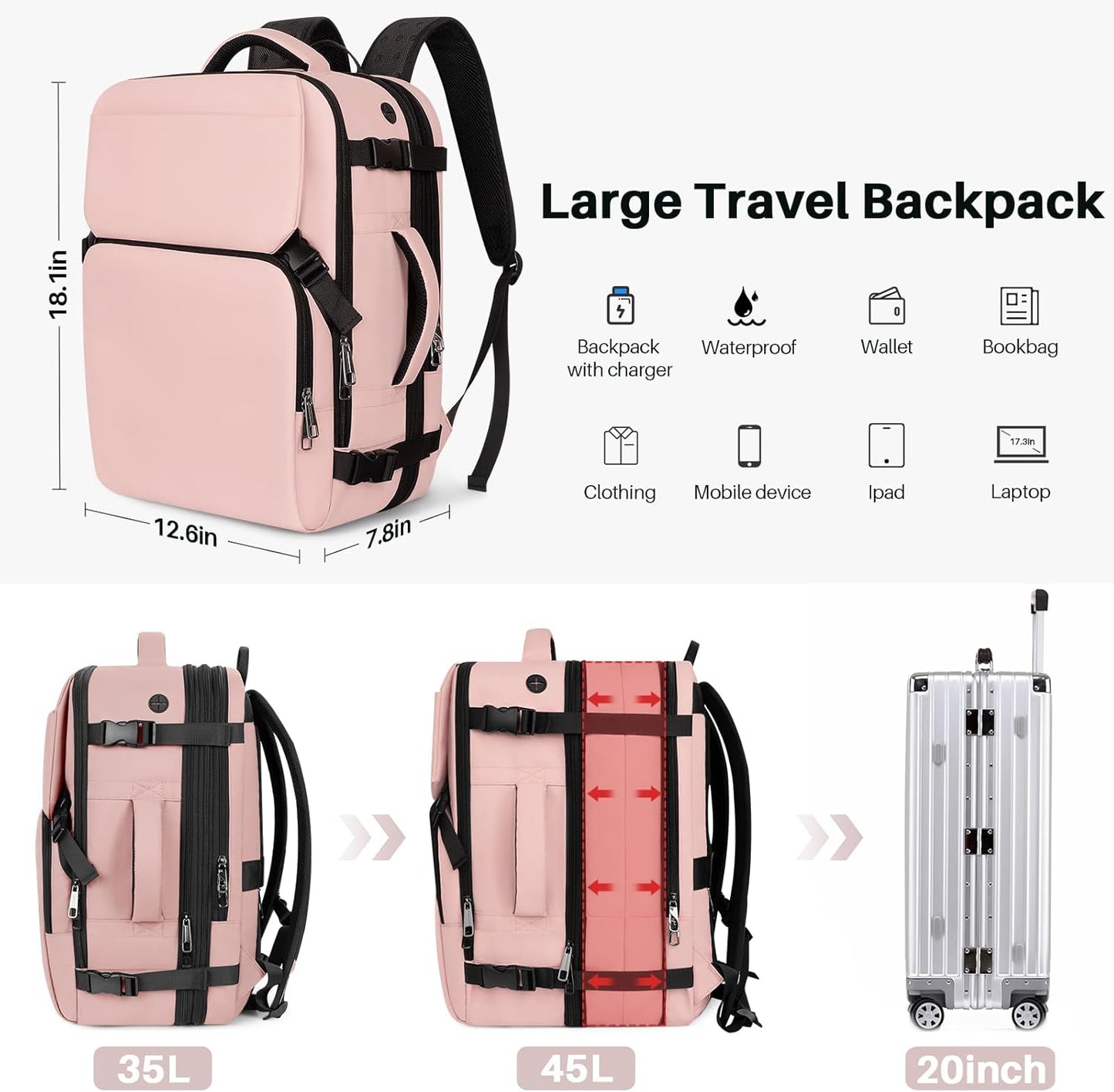 Travel Backpack Carry On Flight Approved, Lightweight Large Travel Backpack, Expandable with USB Charging Hole, Waterproof Causal Bookbag for Travel Work College Fits 17 inch Laptop, Pink