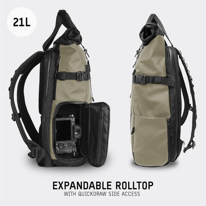 WANDRD PRVKE 21L, V3 Backpack: Weather-Resistant Travel & Camera Backpack with Laptop Sleeve, Quick Side Access, Clamshell Opening – Ideal Photography & Travel Bag (Yuma Tan)