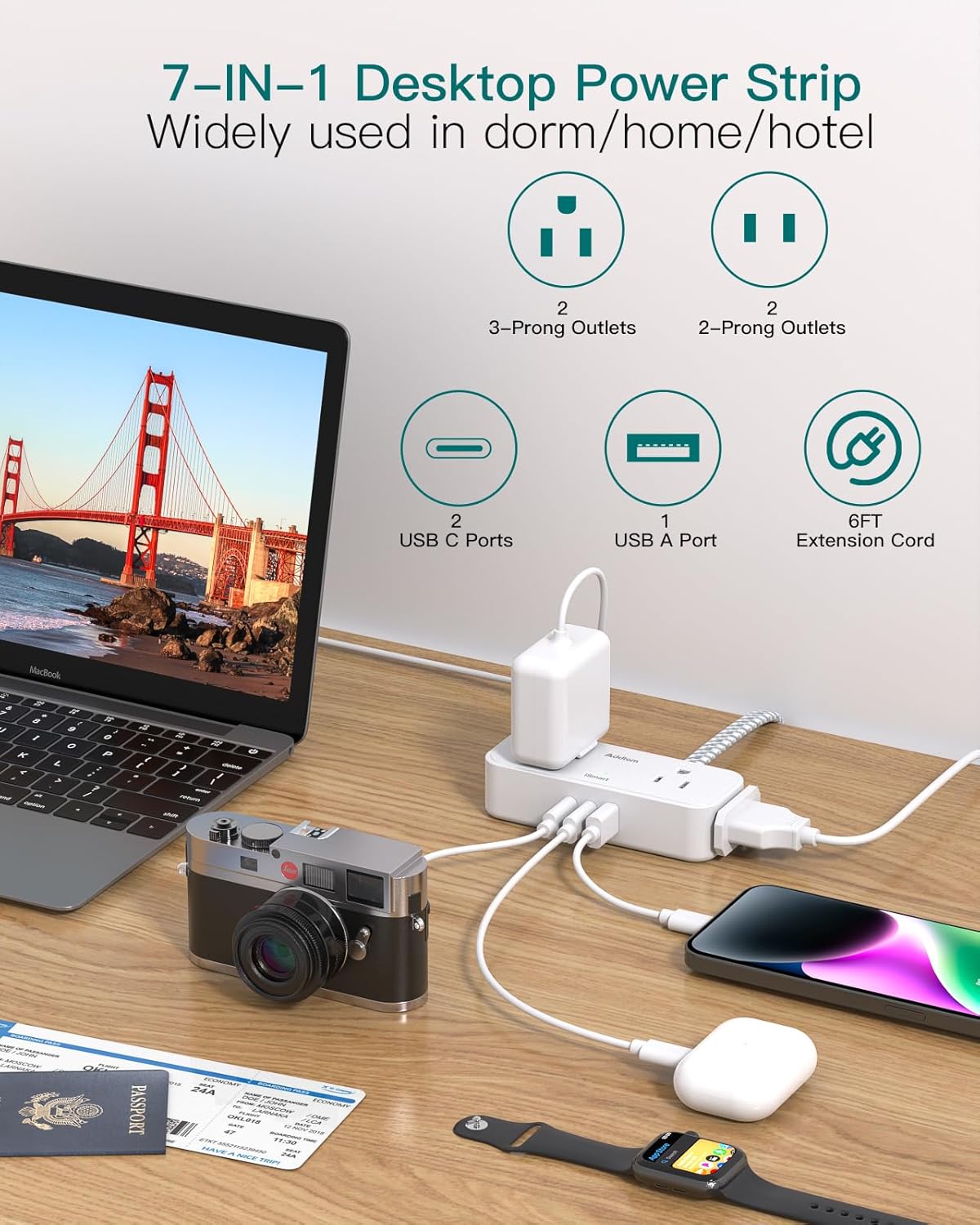 Travel Essentials, 6 Ft Power Strip with 4 Outlets and 3 USB Ports(2 USB C), Addtam Flat Plug Small Extension Cord,Non Surge Protector for Cruise Ship, Travel, Dorm Room Essentials, ETL Listed, White