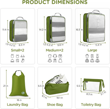 Cipway Compression Packing Cubes Mesh, Lightweight Luggage Organizer Bags with Laundry Bag,Toiletries Bag and Shoe Bag, Travel Essentials for Carry on Suitcase（8 Pcs,Green）