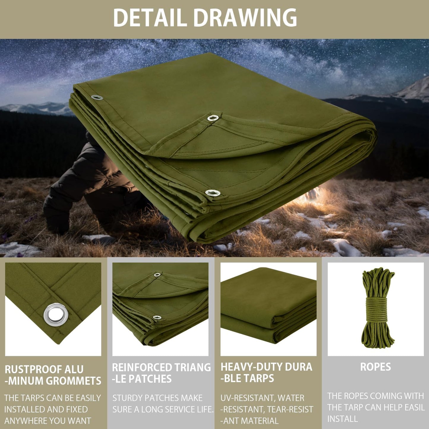 FoundGo Canvas Tarp 8x12ft Heavy Duty Waterproof Tarps with Grommets, UV Resistant, 22 Mil Tarpaulin,14 oz Durable Cloth Covers for Car, Roof, Boat, Camp, Canopy, Woodpile with Ropes-Moss
