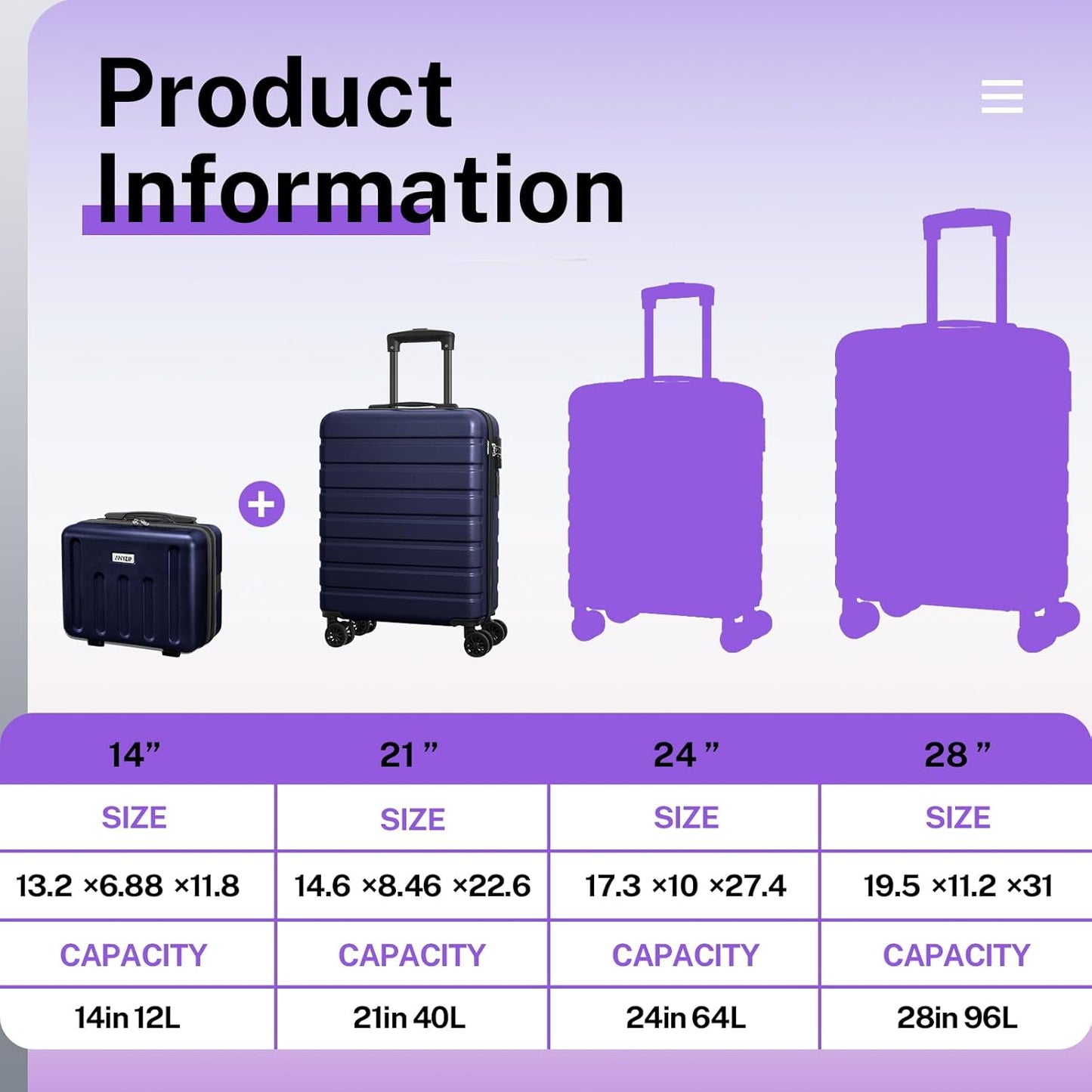 AnyZip 21" Carry On Luggage and 14" Mini Cosmetic Cases Luggage Set Hardside PC ABS Lightweight USB Suitcase with Wheels TSA for kids (2-Piece Set (14/21),DarkBlue)