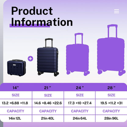 AnyZip 21" Carry On Luggage and 14" Mini Cosmetic Cases Luggage Set Hardside PC ABS Lightweight USB Suitcase with Wheels TSA for kids (2-Piece Set (14/21),DarkBlue)