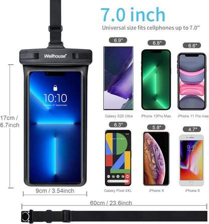 wellhouse Waterproof Phone Pouch, Waterproof Phone Case for iPhone 16 15 14 13 12 Pro Max XS Samsung, IPX8 3D Cellphone Dry Bag Beach Essentials (1 Pack - Black7.0, 7 inch)
