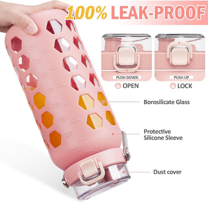 MUKOKO 64oz Glass Water Bottles with Straw and Lid,Half Gallon Water Bottle with Time Marker,Large Glass Water Jug with Silicone Sleeve and Stainless Steel Handle-Pink