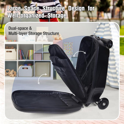 20" Scooter Suitcase for Kids, 2-in-1 Ride On Luggage with Wheels for Boys & Girls Ages 4-15, Foldable Hardshell Carry On Lightweight Travel Suitcase for Airplane