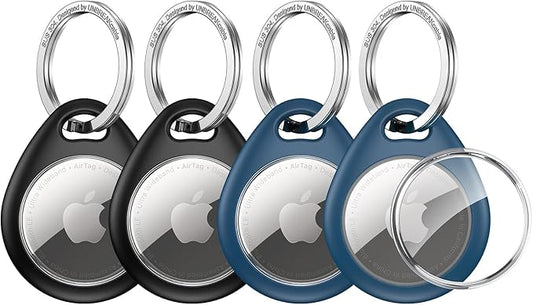 UNBREAKcable Holder for Apple AirTag - 4 Pack [Fit Tightly Design] [Easy to Install] [Hold Air Tag Securely] Waterproof TPU Protective Case with 304 Stainless Steel Keychain Key Ring, Black+Blue