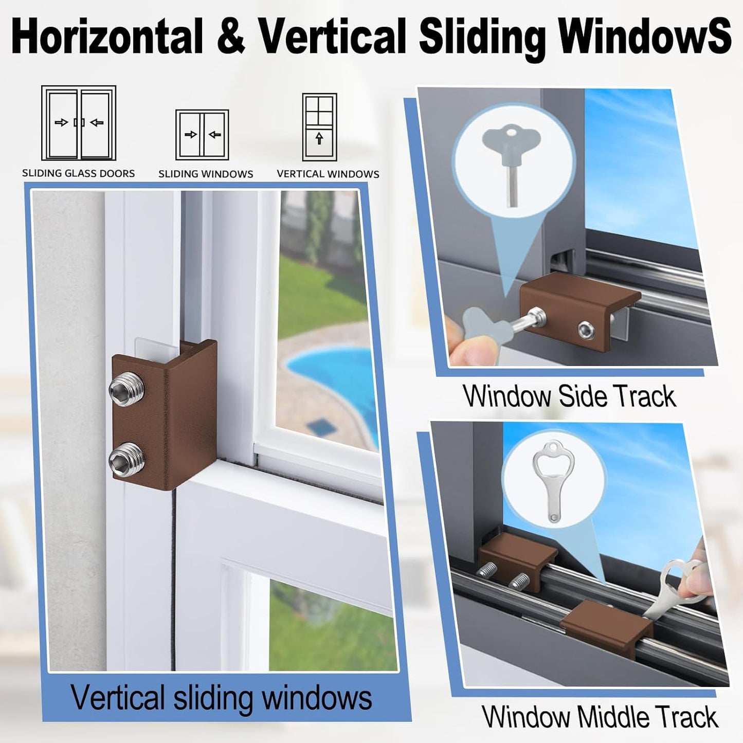 Window Locks for Sliding Windows - Sliding Window Lock Security with Keys - Adjustable Sliding Door Lock - Without Drilling Easv to Install Child Locks for Sliding Door,Patio Door(10 Sets Brown)