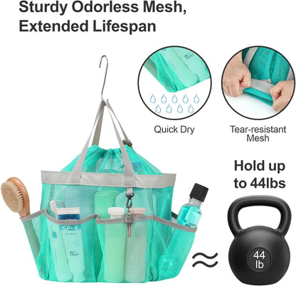 F-color Mesh Shower Caddy Portable with Drawstring - Upgrade Deeper 7 Pockets Dorm Room Essentials for Guys Girls with S Hook, Shower Bag Basket Tote for College Camping Toiletry Bathroom, Mint Green