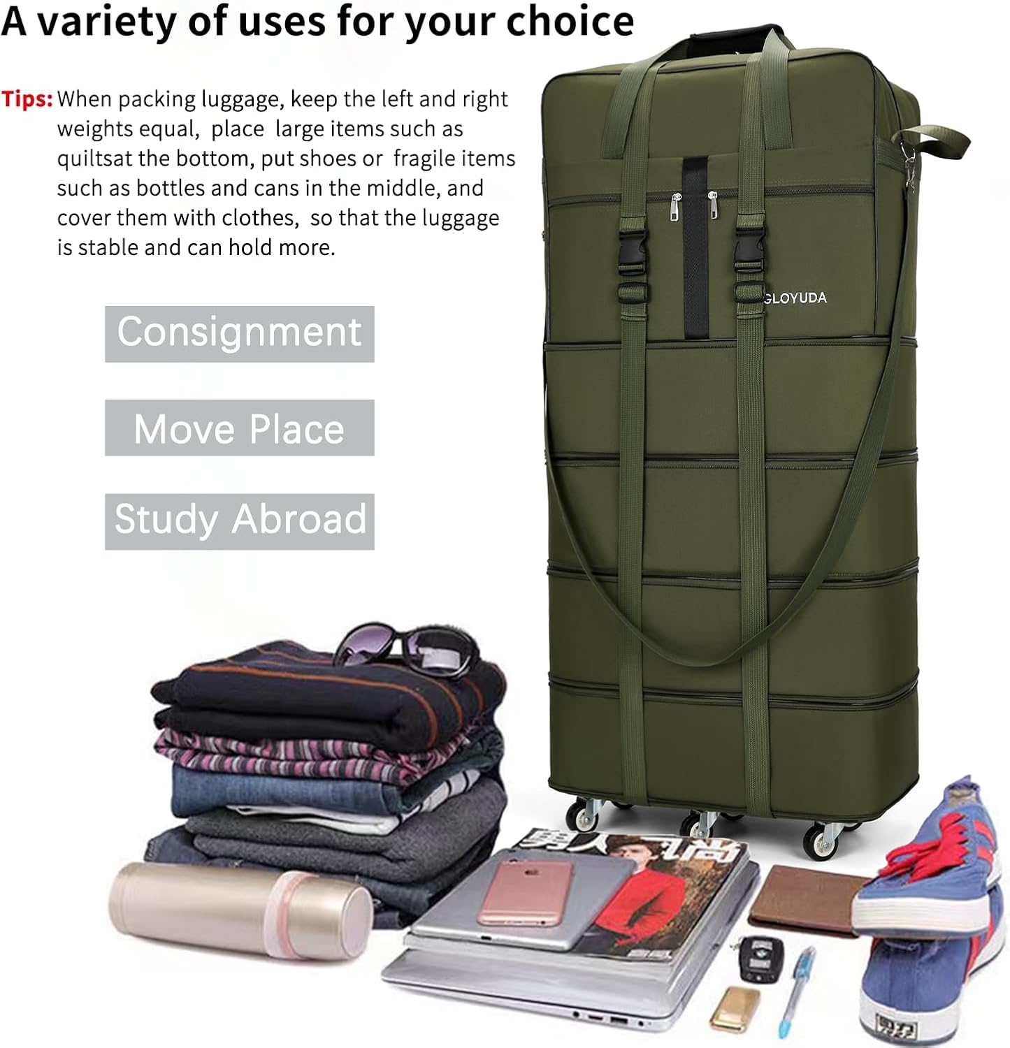 Expandable Foldable Luggage, 42'' Suitcase With Spinner Wheels, Rolling Duffle Bag with Wheels and Handle, Collapsible Luggage, With 2 Handle Wrap and 2 Fixing Straps, 1 Shoulder Strap (Green)
