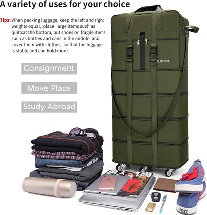 Expandable Foldable Luggage, 42'' Suitcase With Spinner Wheels, Rolling Duffle Bag with Wheels and Handle, Collapsible Luggage, With 2 Handle Wrap and 2 Fixing Straps, 1 Shoulder Strap (Green)