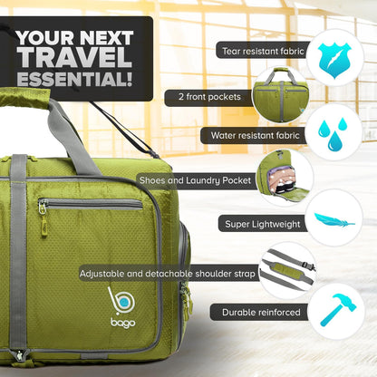 Bago Foldable Duffel Bags for Traveling Women & Men - 40L Sports Packable Duffle Bag for Travel with Shoe Compartment - Water Repellant, Heavy Duty, Lightweight Folding & Collapsible (Green)