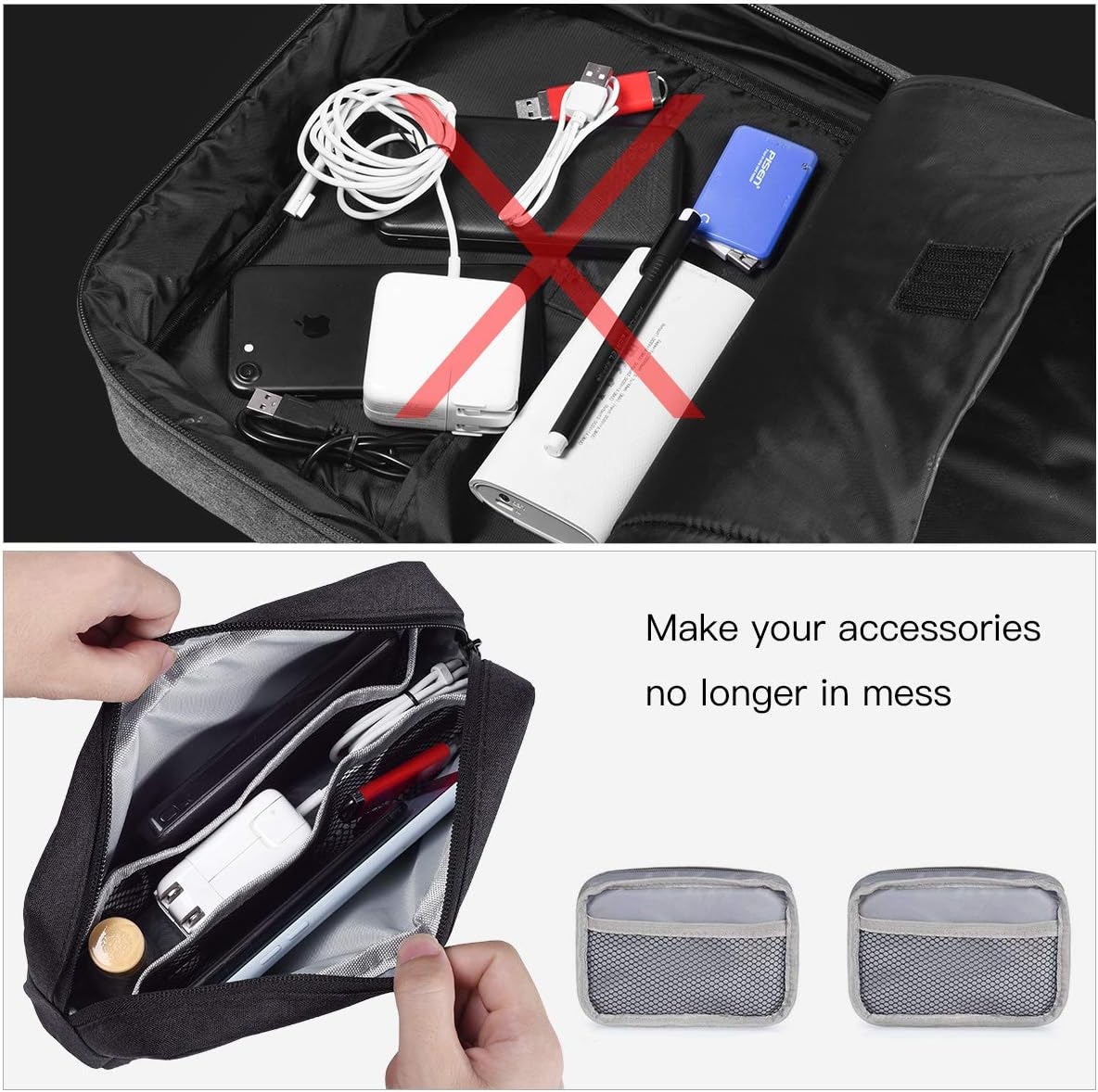 imComor Universal Electronics Accessories Case, 2-Pack Portable Soft Carrying Case Bag Wire Cable Organizer for Hard Drive, Power Adapter, Laptop Mouse, Cosmetics Kit, Small+Big-Black