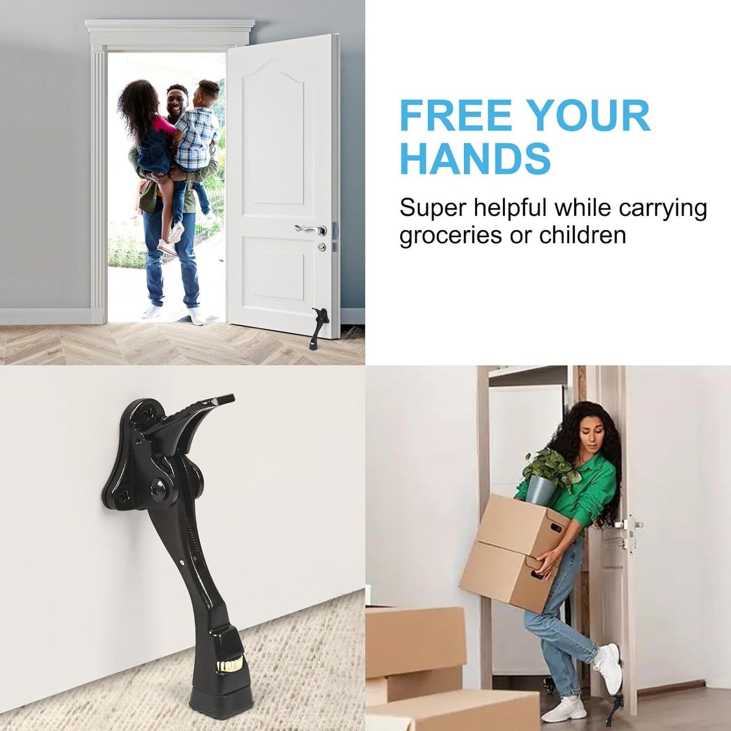 Black Kick Down Door Stoppers for Bottom of Door, Heavy Duty Kickdown Door Stop, Adjustable Door Stoppers, One Touch Kick Down Stopper (4 Inch x 1 Pack)