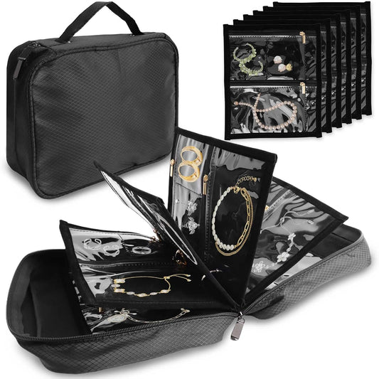 Travel Jewelry Case Organizer for Women, Jewelry Binder with 6 Clear Zipper Pouches