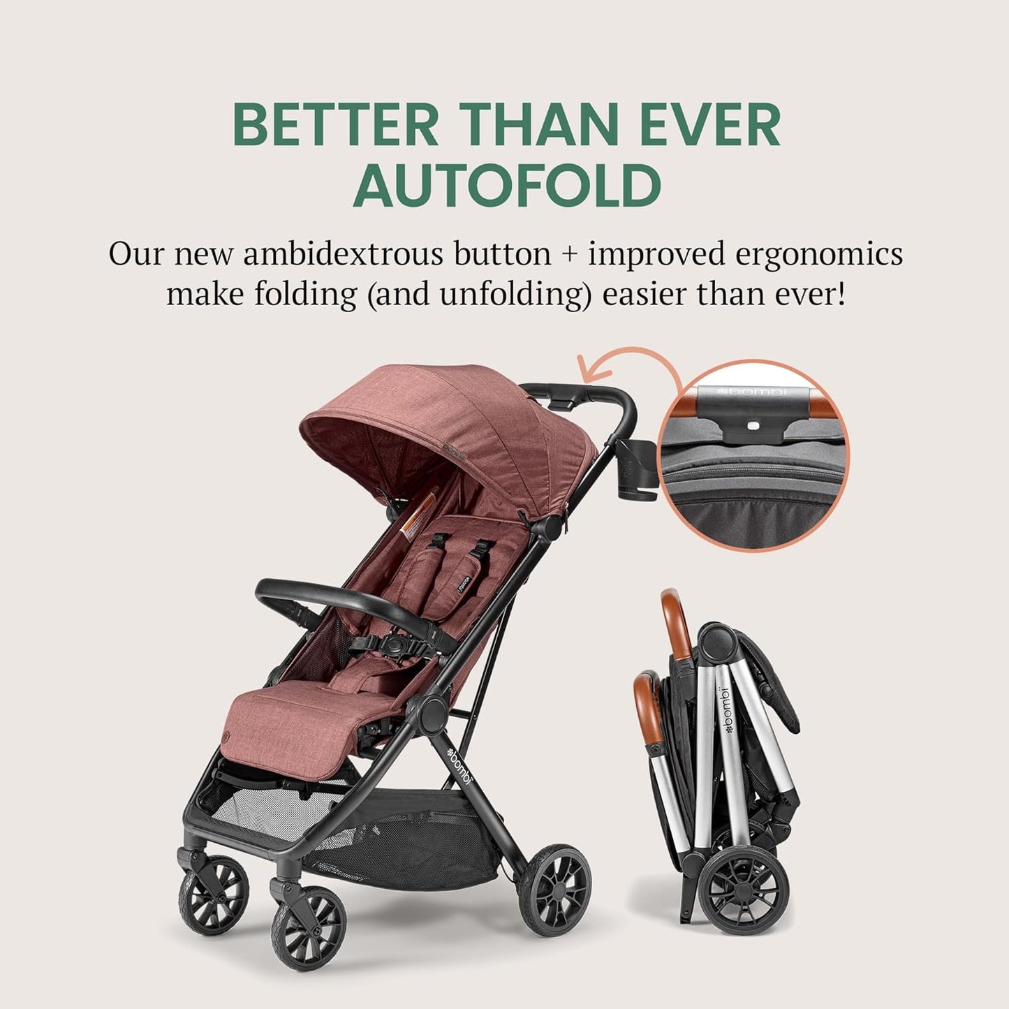Bombi Bēbee V2 Lightweight Baby Stroller - Premium Vegan Leather, One-Hand Fold, Infinite Recline, Aircraft-Grade Aluminum Frame, XXL Canopy, and Ample Storage Umbrella Stroller - Desert Berry