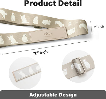 Luggage Straps for Suitcases,Adjustable Luggage Elastic Belt, Travel Essentials for Airport,Station, Vibrant Designs, White Cat