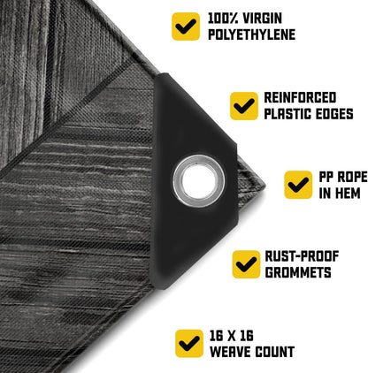 Core Tarps Extreme Heavy Duty 20 Mil Tarp Cover, Waterproof, UV Resistant, Rip and Tear Proof, Poly Tarpaulin with Reinforced Edges for Roof, Camping, Patio, Pool, Boat (Grey Wood/Black 12′ X 16′)