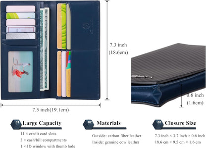 VISOUL Mens Leather Long Checkbook Bifold Wallets with RFID Blocking, Carbon Fiber Leather Tall Wallets for Men (Black+Blue)