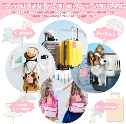 Personalized Initial Luggage Tags for Suitcase, Pink Leather Cute Luggage Tags with Privacy Cover Name Card, Embroidered Custom Monogrammed Luggage Tag Travel Bag Baggage Tags Gifts for Women Kids(R)
