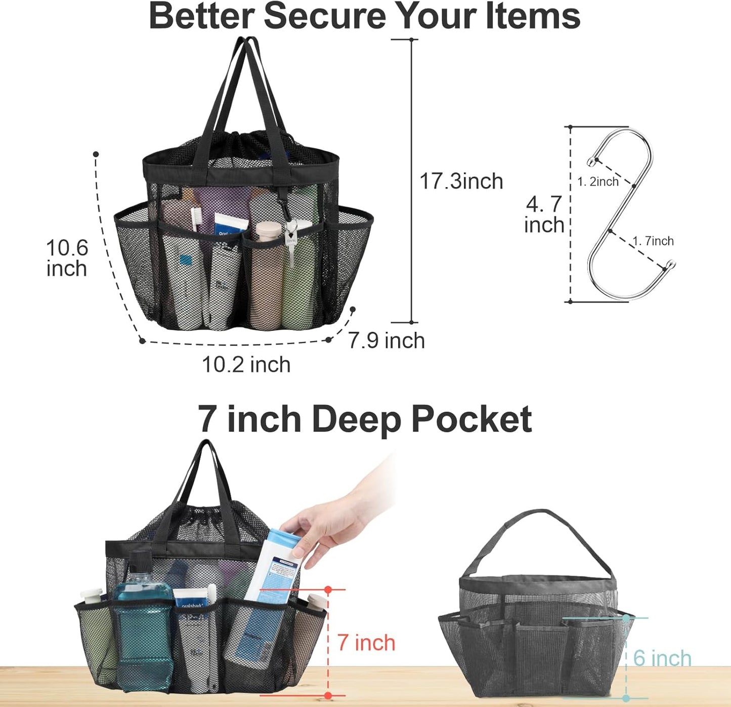 F-color Mesh Shower Caddy Portable with Drawstring - Upgrade Deeper 7 Pockets Dorm Room Essentials for Guys Girls with S Hook, Shower Bag Basket Tote for College Camping Toiletry Bathroom, Black
