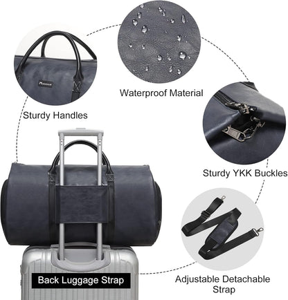 Modoker Convertible Leather Garment Bag, Carry on Garment Bags for Travel, Garment Duffel Bag, Gifts for Men Women Business Waterproof Suitcase Suit Travel Bags, Blue