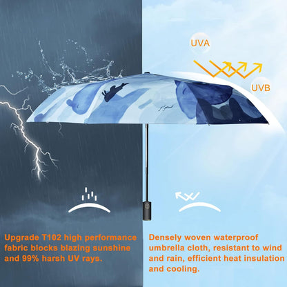 Cuby UV Sun Umbrella Compact Folding Travel Umbrella Auto Open and Close for Windproof, Rainproof & 99.9% UV Protection Parasol with Black Anti-UV Coating (Blue Whale)
