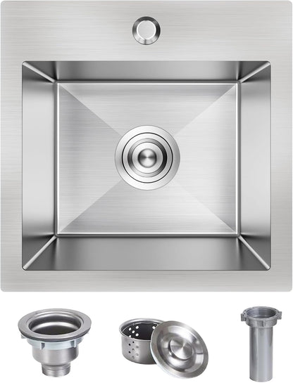 15 x 15 Inch Drop In Kitchen Bar Sink, Stainless Steel Single Bowl Topmount Bar Prep Sink Small Kitchen Sink with Basket Strainer