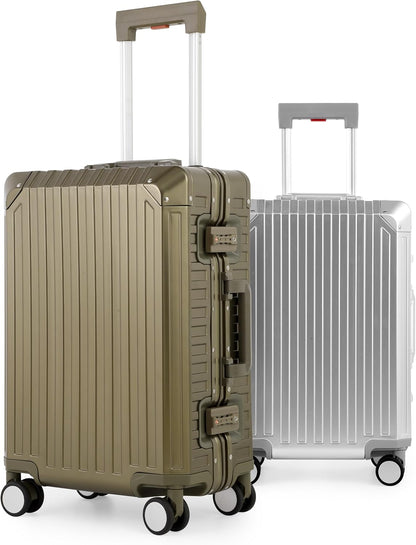 Mvst Luggage Premium All Aluminum Magnesium Carry On 20'' Lightweight Metal,Suitcase with Spinner Wheels Built-in Toiletry Set, Luggage Protector（silvery） (Brown, 20inch)