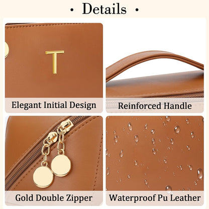 Birthday Gifts for Women Teen Girl, Personalized Initial Makeup Organizer Bag Set, Open Flat Travel Cosmetic Bag With Clear Divider and Handle(Brown,T)