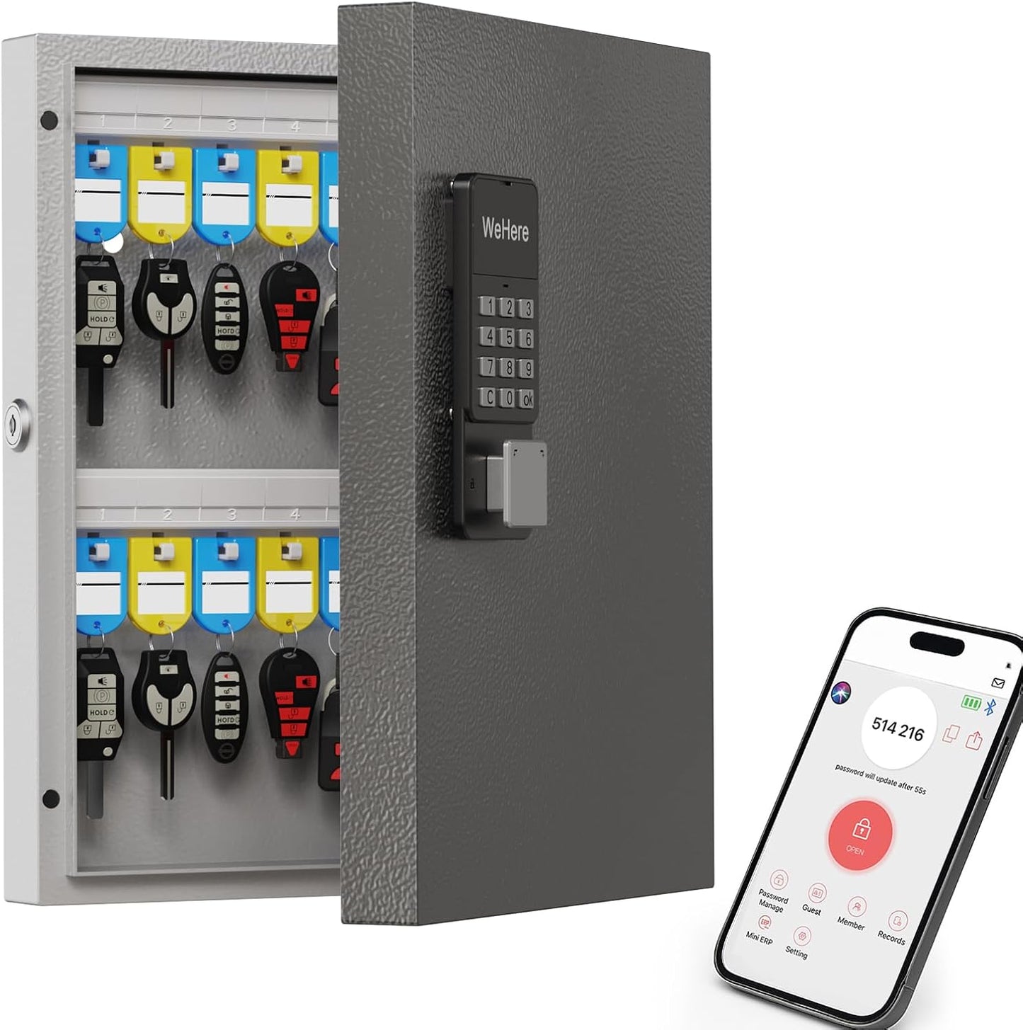 WeHere 32 Key Lock Box Wall Mount, Smart Key Cabinet with APP Bluetooth/Fixed/Dynamic Password/OTP Share Unlock, Security Lockbox ERP for Valets/Realtors/Office/Hotel Key Management