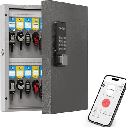 WeHere 32 Key Lock Box Wall Mount, Smart Key Cabinet with APP Bluetooth/Fixed/Dynamic Password/OTP Share Unlock, Security Lockbox ERP for Valets/Realtors/Office/Hotel Key Management