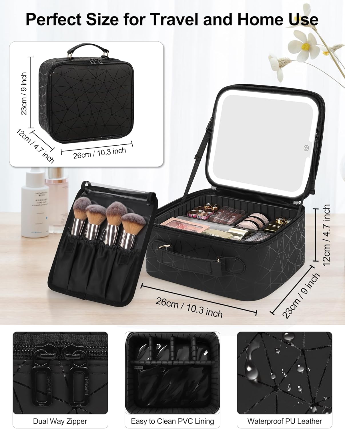 Chomeiu Makeup Bag with LED Mirror, Cute Cosmetic Bags Birthday Gifts for Girls Women, Makeup Train Case Artists Organizer Large Make Up Bags with Light Up Mirror 3 Color Lights, Black Geometric