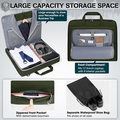 RAINSMORE Garment Bags for Travel Carry On Garment Bag for Hanging Clothes, Suit Bag for Business Trips with Shoes bag & Shoulder Strap, Waterproof Foldable Suit Luggage Bag for Men Women, Green